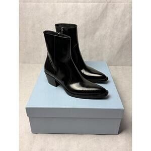 Prada Brushed Leather Western Ankle Boots SZ EU 36.5 / US 6.5 Black Brand New